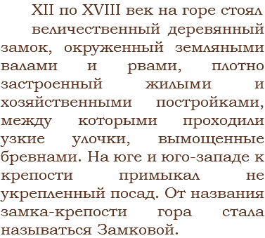  XII по XVIII век на горе стоял величественный деревянный замок, окруженный земляными валами и рвами, плотно застроенный жилыми и хозяйственными постройками, между которыми проходили узкие улочки, вымощенные бревнами. На юге и юго-западе к крепости примыкал не укрепленный посад. От названия замка-крепости гора стала называться Замковой.